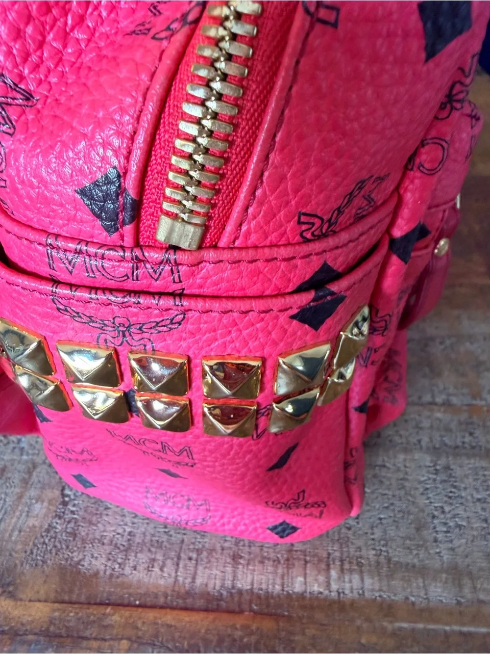 MCM Pink Logo-Print Leather Backpack with Gold Hardware